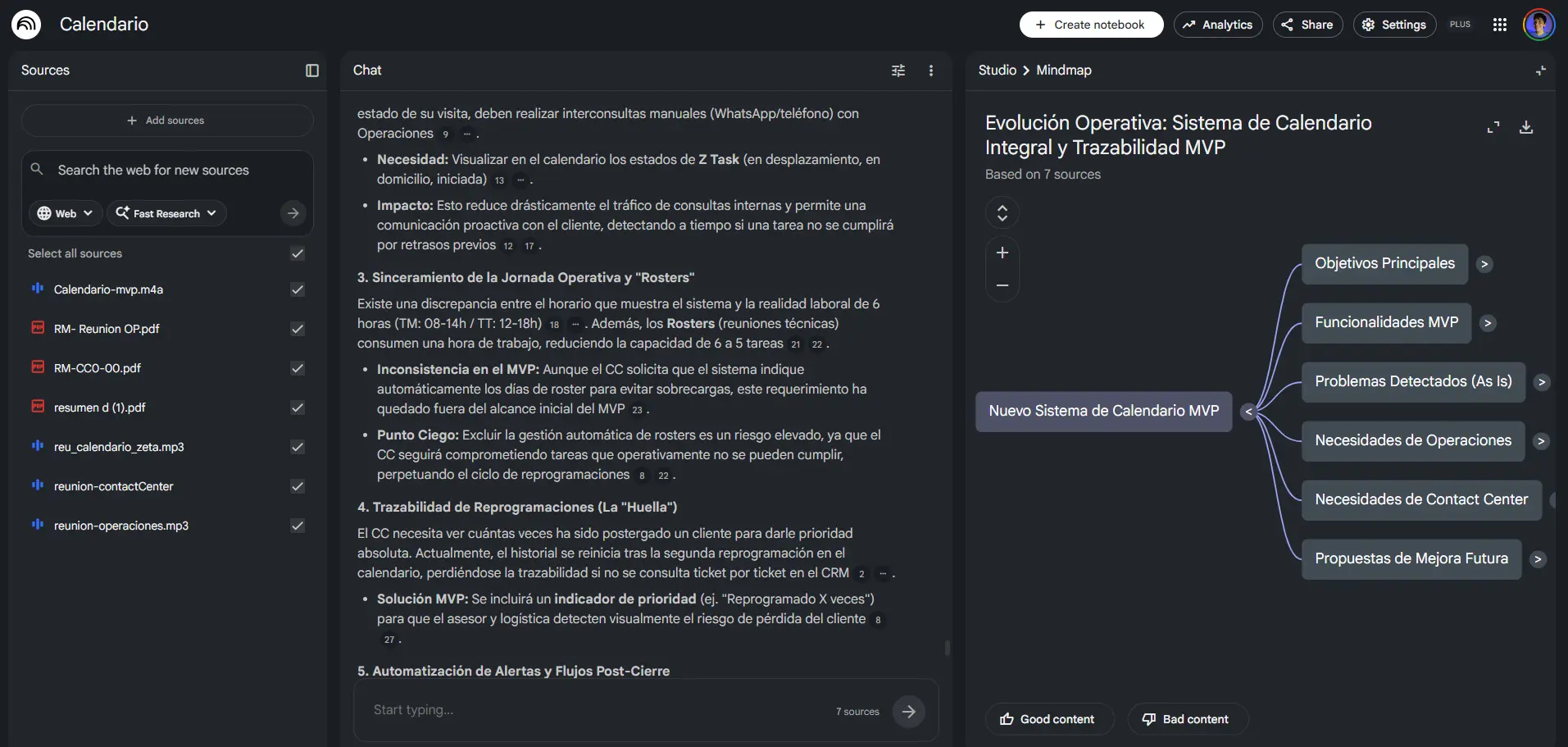 NotebookLM con fuentes del proyecto cargadas